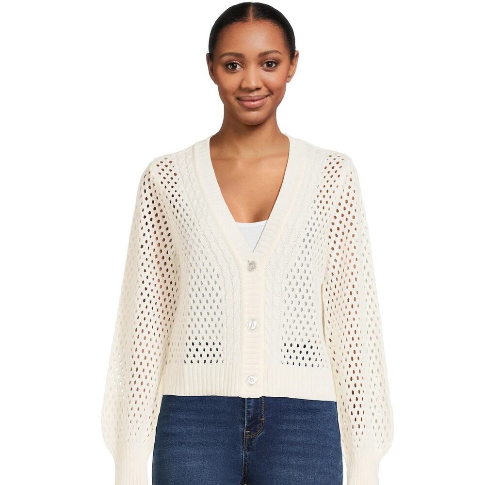 No Boundaries Juniors L 11-13 White Mesh Cardigan Open Front Knit Sweater NWT - Picture 1 of 11